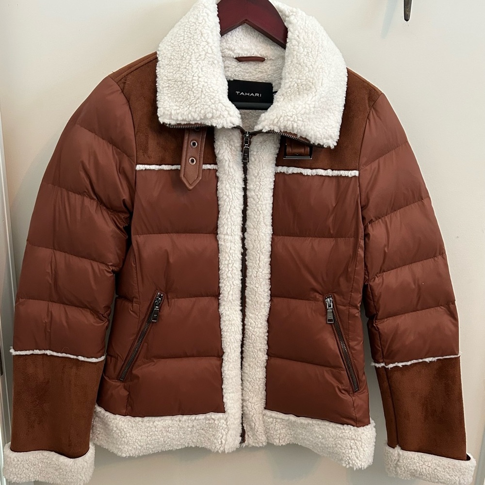 Tahari Brown Faux Suede Sherpa Trim Puffer Jacket Buckle Detail Winter Coat